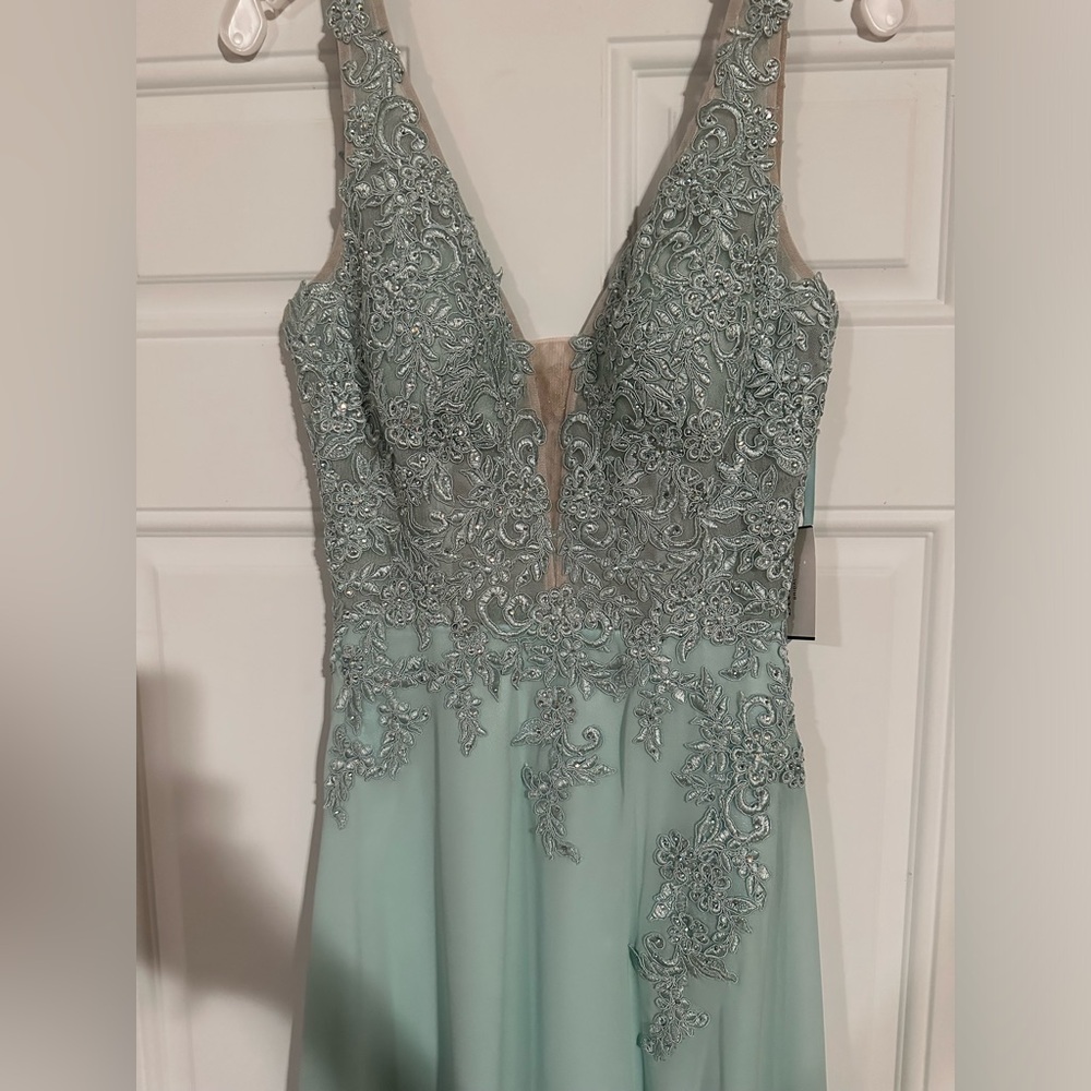 David’s bridal blue floor length dress with thigh high slit